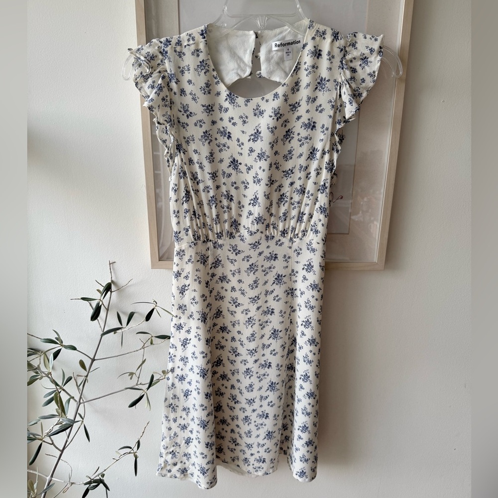 Reformation Cream & blue floral mini Dress